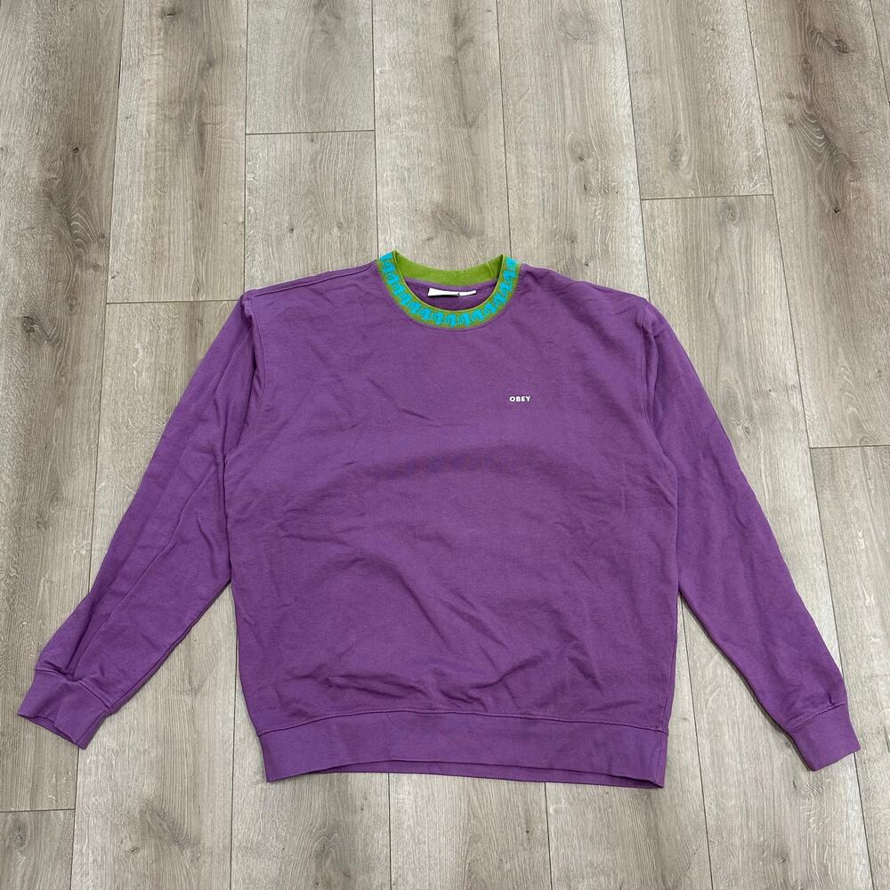 Obey Jacquard Crew Neck Sweatshirt Purple Green Size XL B13